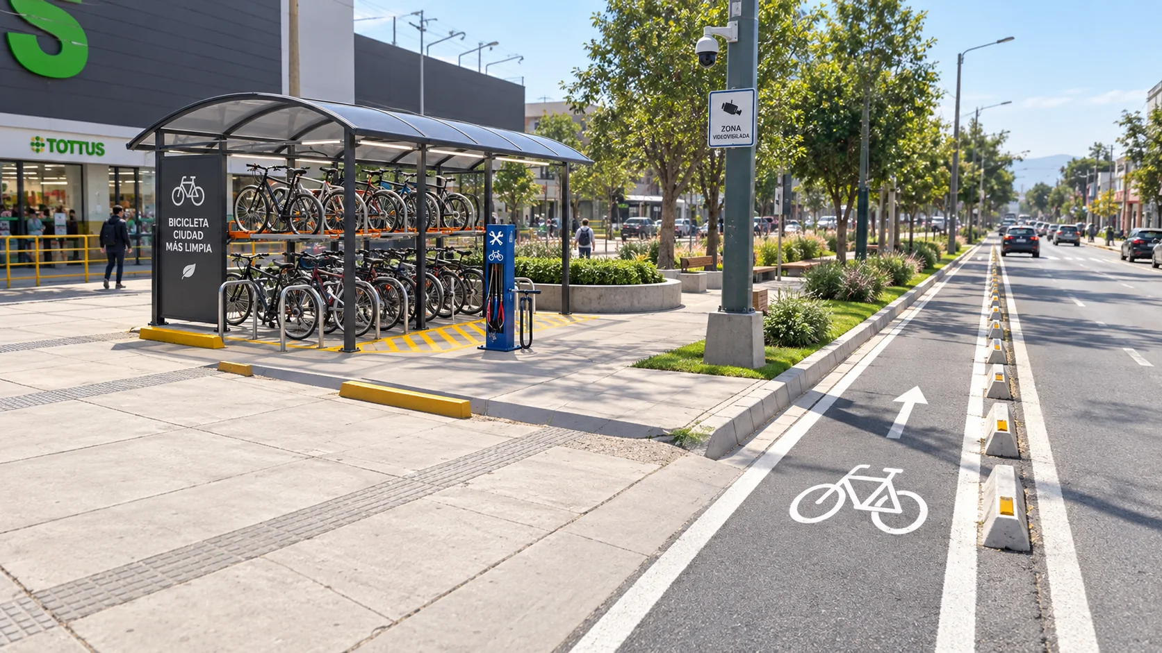 Ciclovía, estacionamiento de bicicletas y estación de reparación